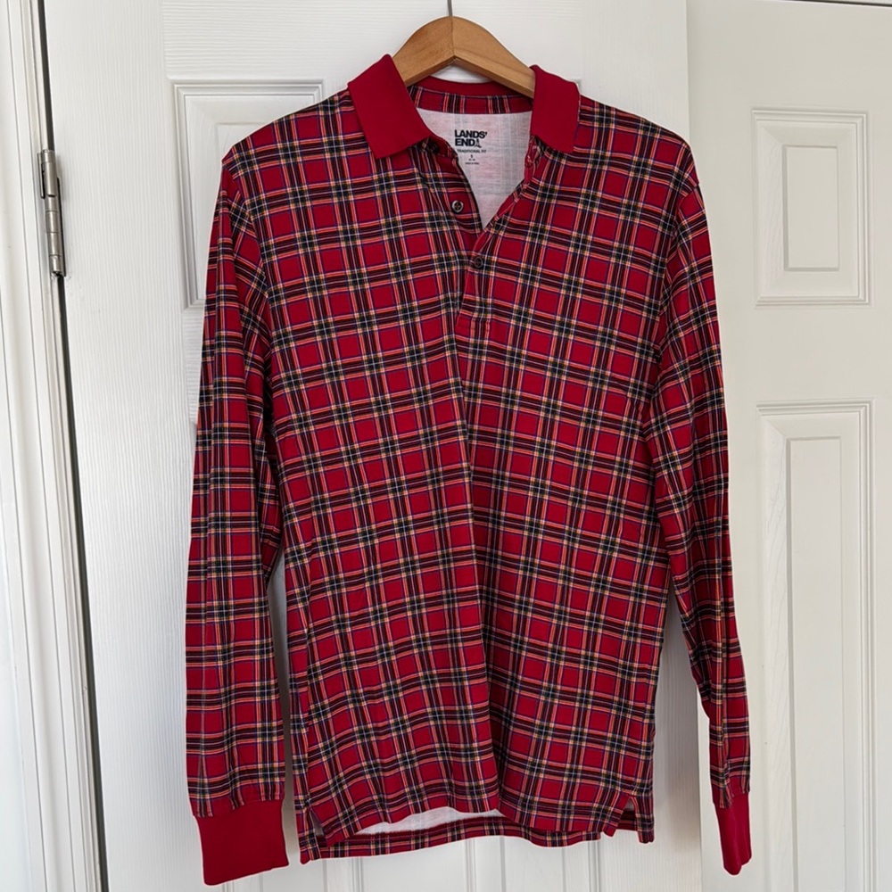 Lands' End Red Plaid Long Sleeve Polo